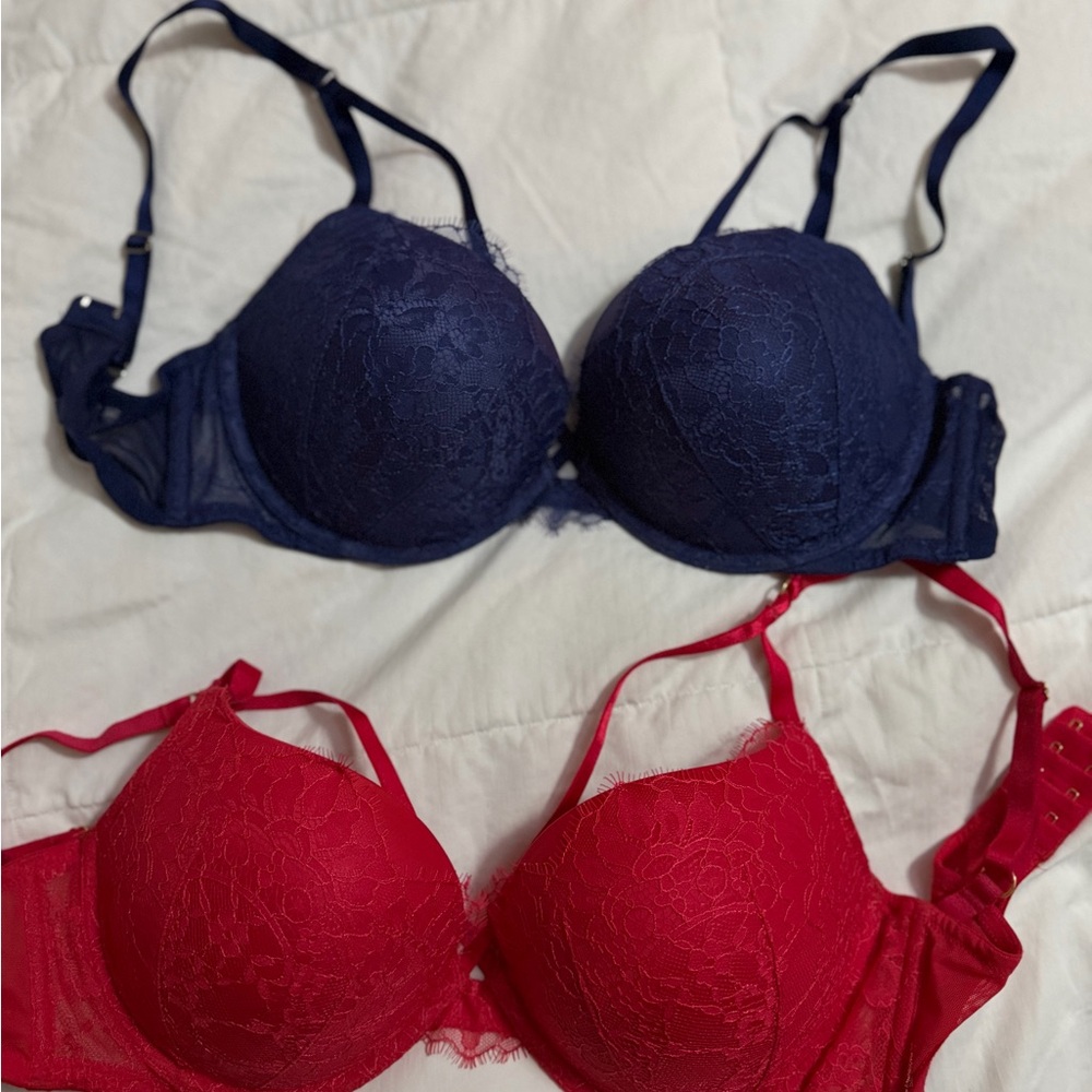 Victoria's Secret Lace Push-Up Bra Set - Navy and Red